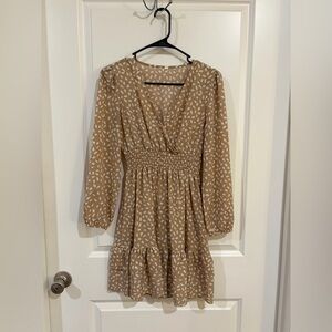 SHEIN Tan Long Sleeve Patterned Dress
